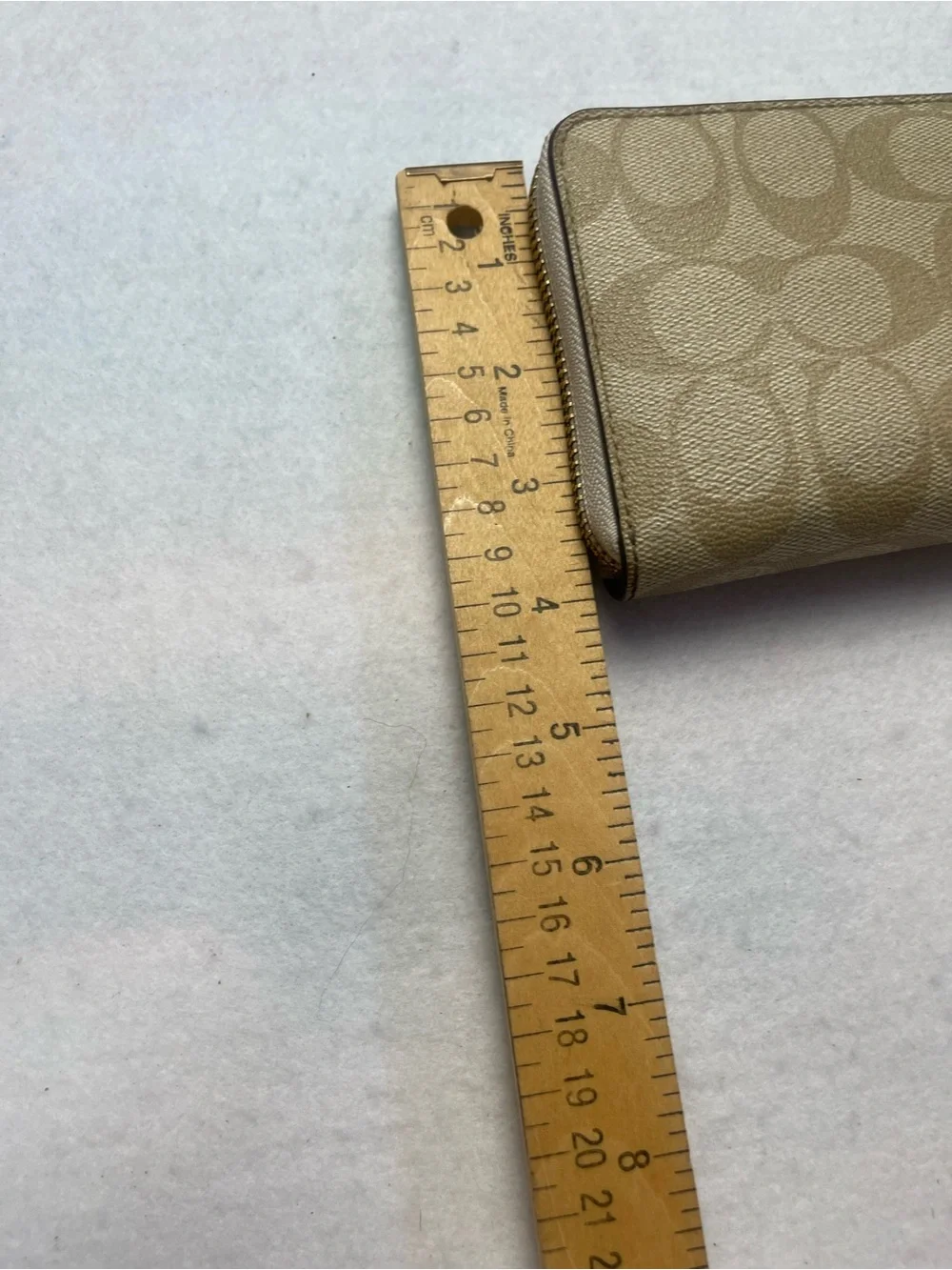 Coach Signature Zip-Around Wallet in Beige and Light Brown with Gold Hardware